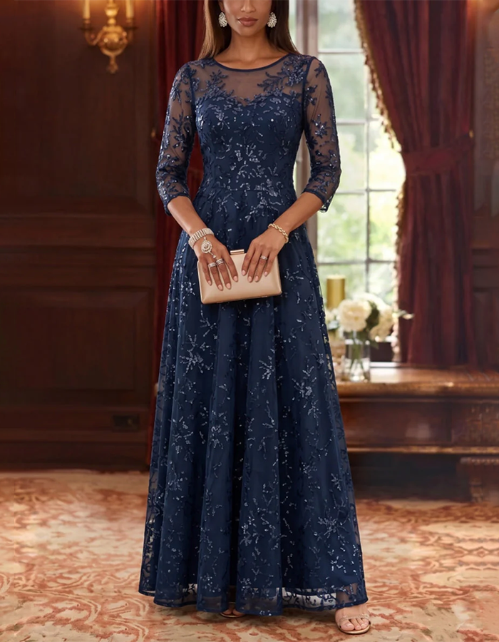 Navy Blue Illusion Round NeckFloral Sequin Mesh A-Line Maxi Dress