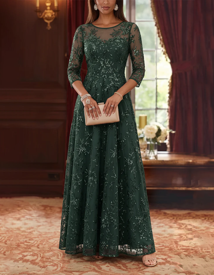 Navy Blue Illusion Round NeckFloral Sequin Mesh A-Line Maxi Dress