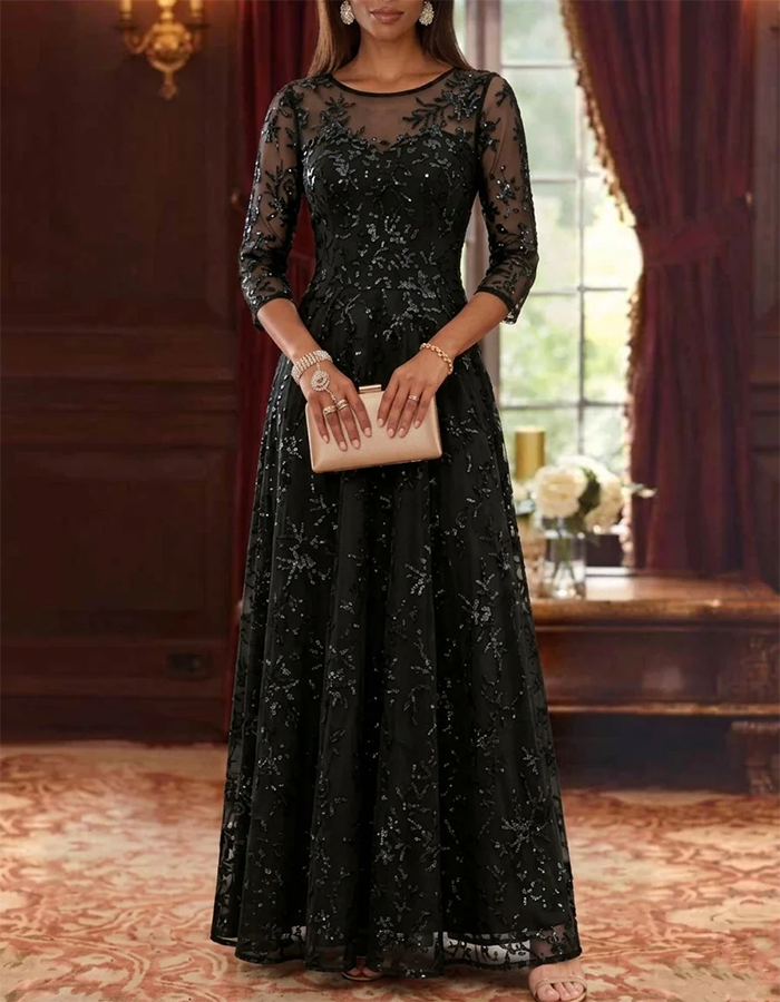 Navy Blue Illusion Round NeckFloral Sequin Mesh A-Line Maxi Dress