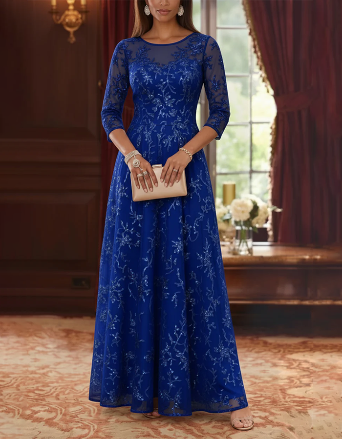 Navy Blue Illusion Round NeckFloral Sequin Mesh A-Line Maxi Dress