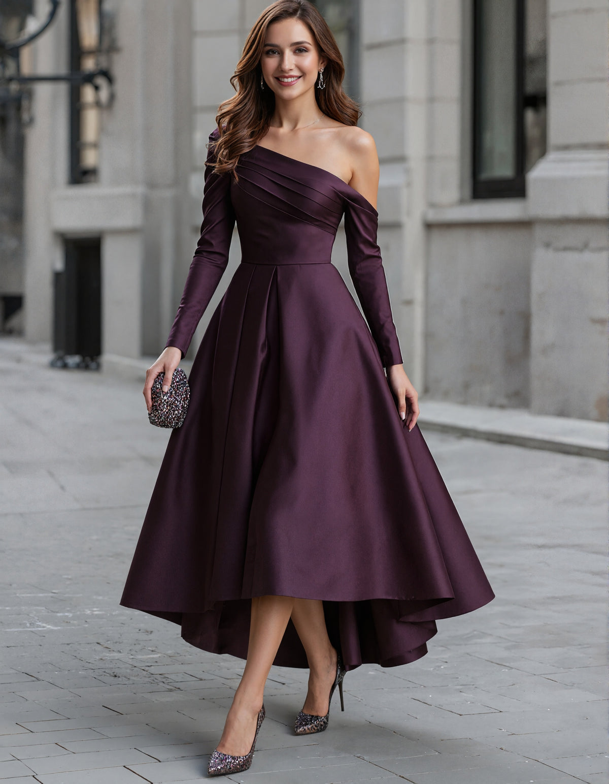 Purple Satin One Shoulder Maxi Dress