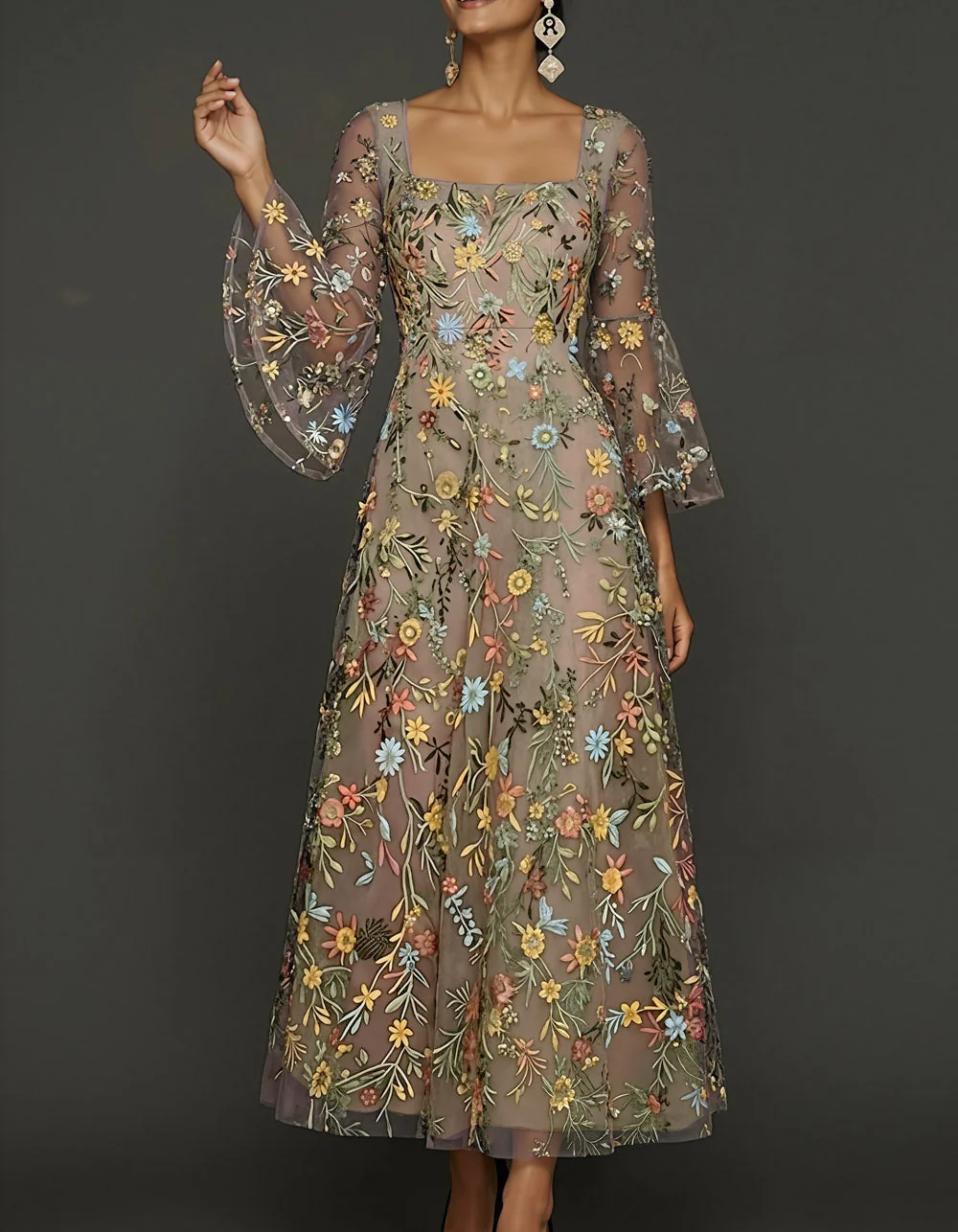 Chiffon Lace Embroidered Square Neck Fitted Waist Maxi Dress