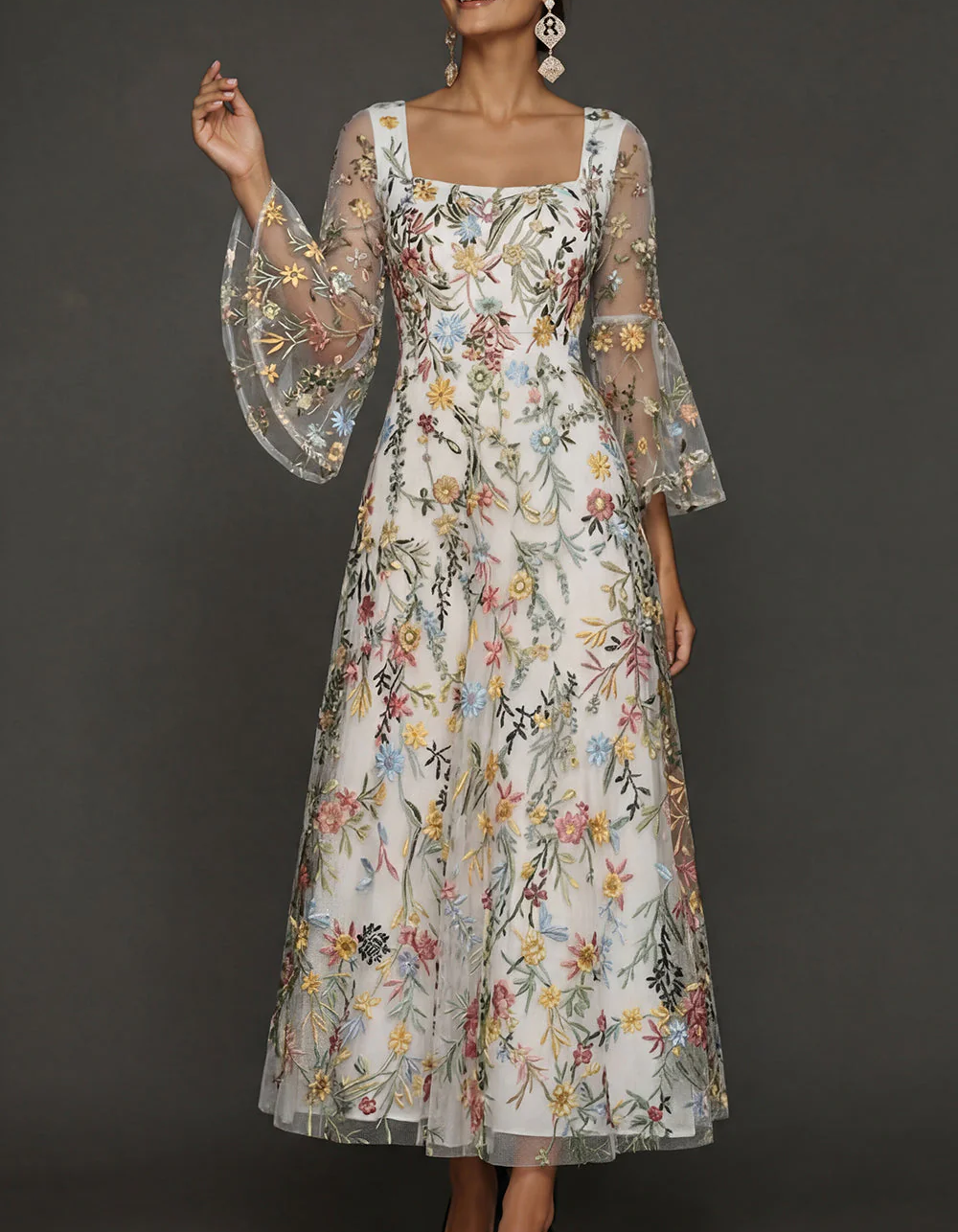 Chiffon Lace Embroidered Square Neck Fitted Waist Maxi Dress