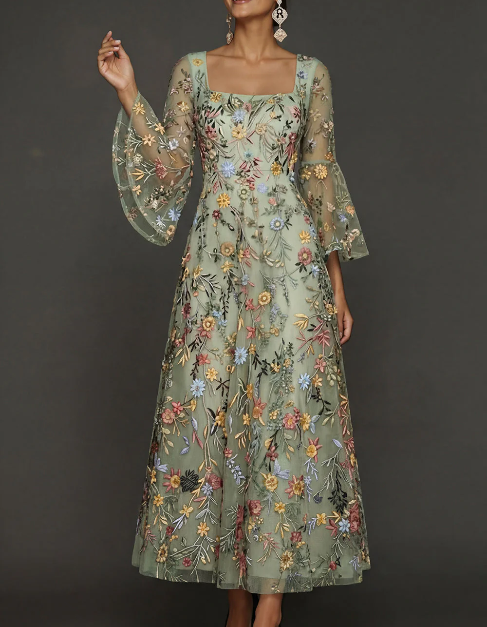 Chiffon Lace Embroidered Square Neck Fitted Waist Maxi Dress