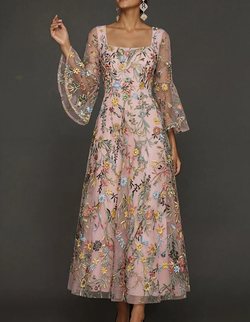 Chiffon Lace Embroidered Square Neck Fitted Waist Maxi Dress
