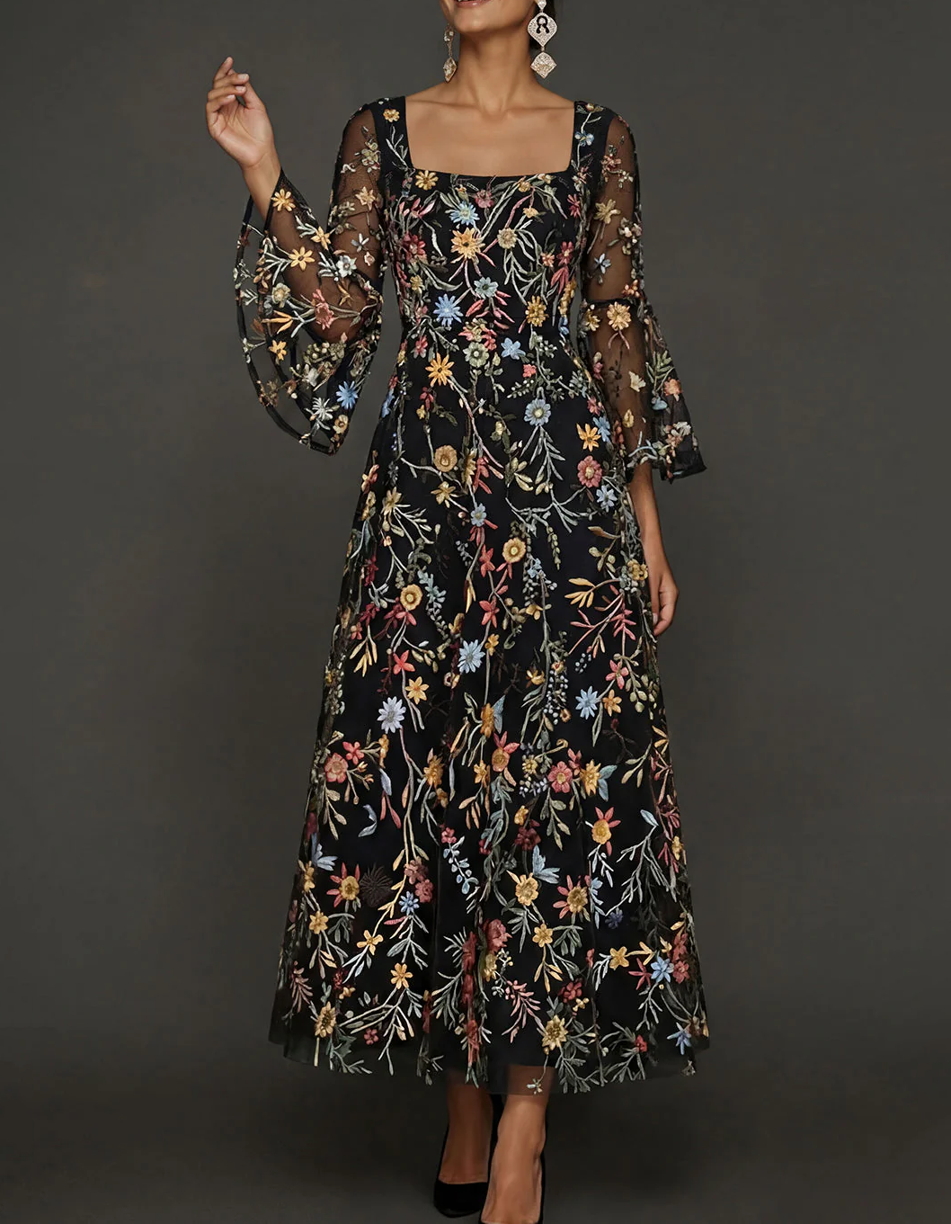 Chiffon Lace Embroidered Square Neck Fitted Waist Maxi Dress