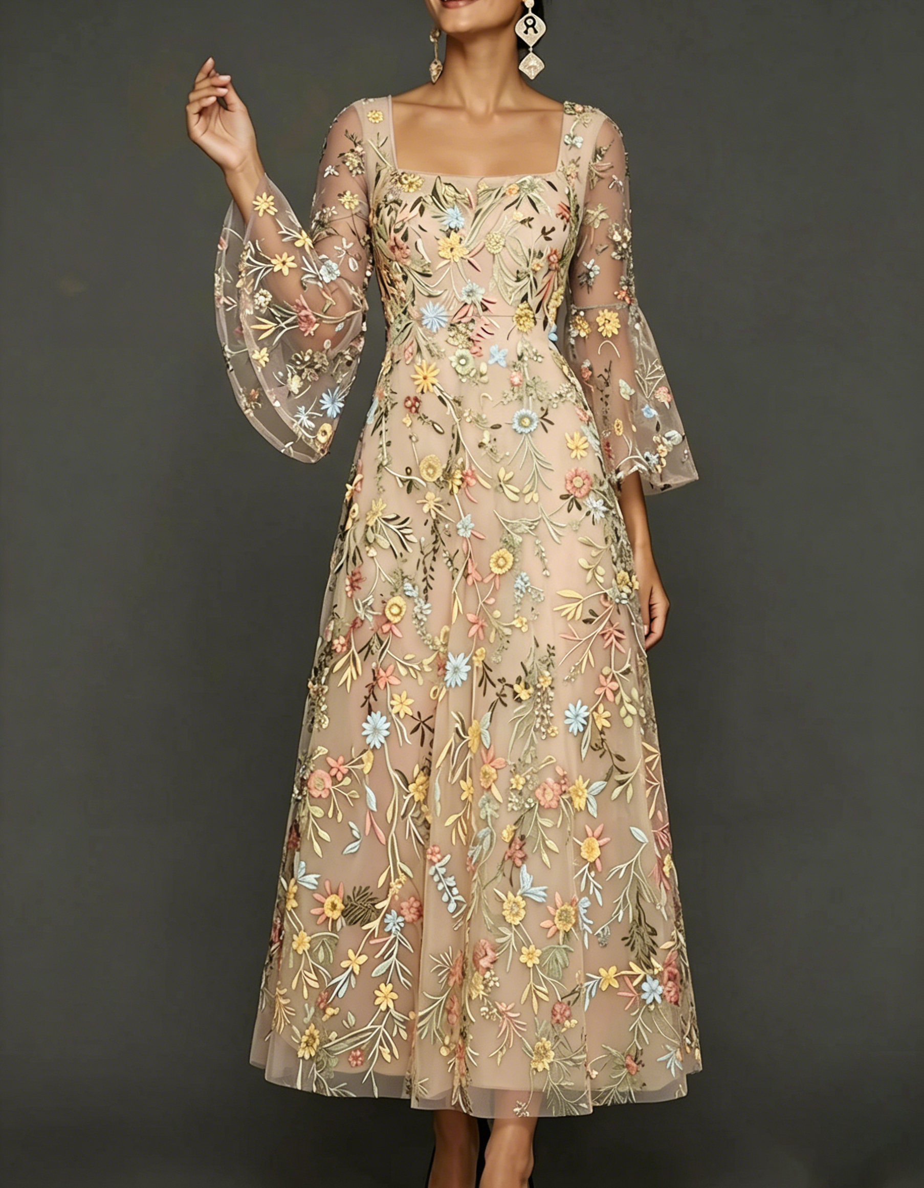 Chiffon Lace Embroidered Square Neck Fitted Waist Maxi Dress