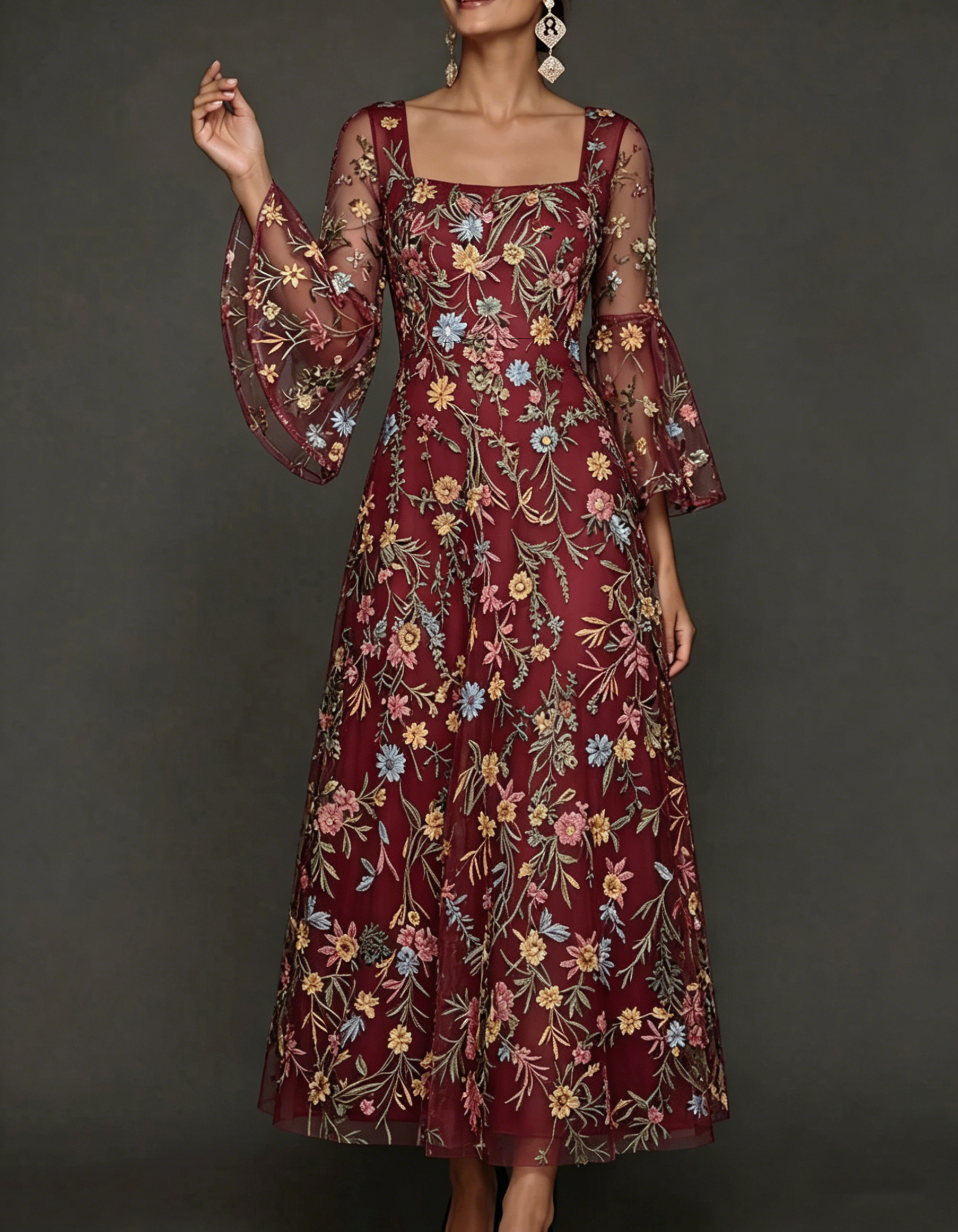 Chiffon Lace Embroidered Square Neck Fitted Waist Maxi Dress
