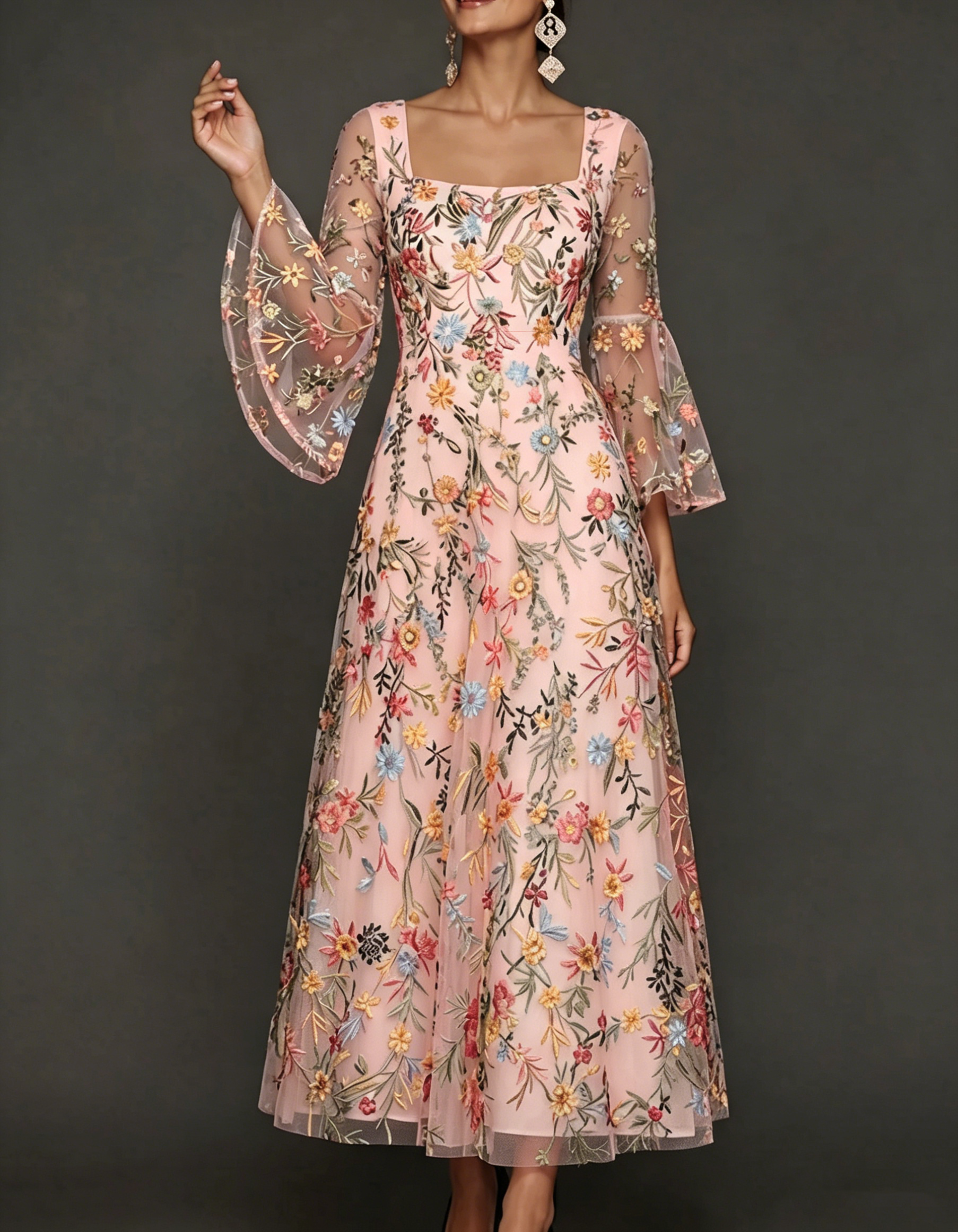 Chiffon Lace Embroidered Square Neck Fitted Waist Maxi Dress