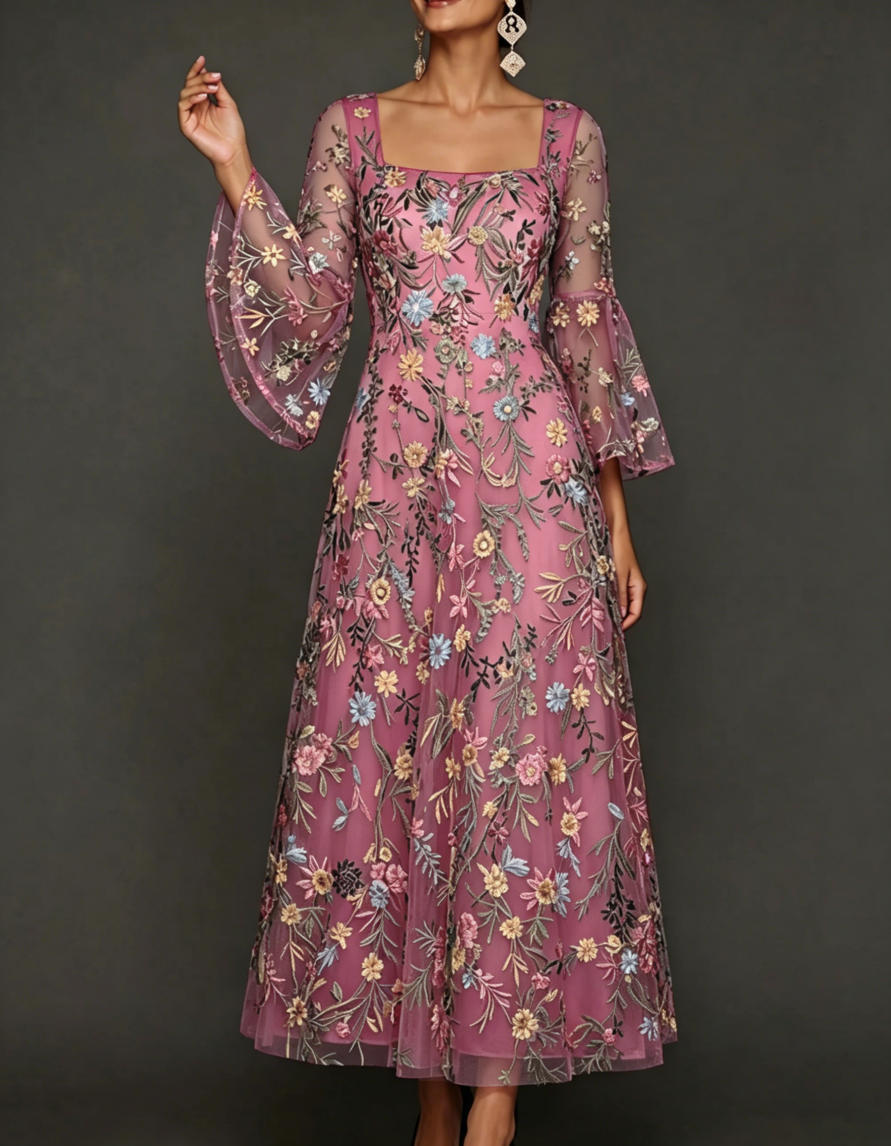 Chiffon Lace Embroidered Square Neck Fitted Waist Maxi Dress