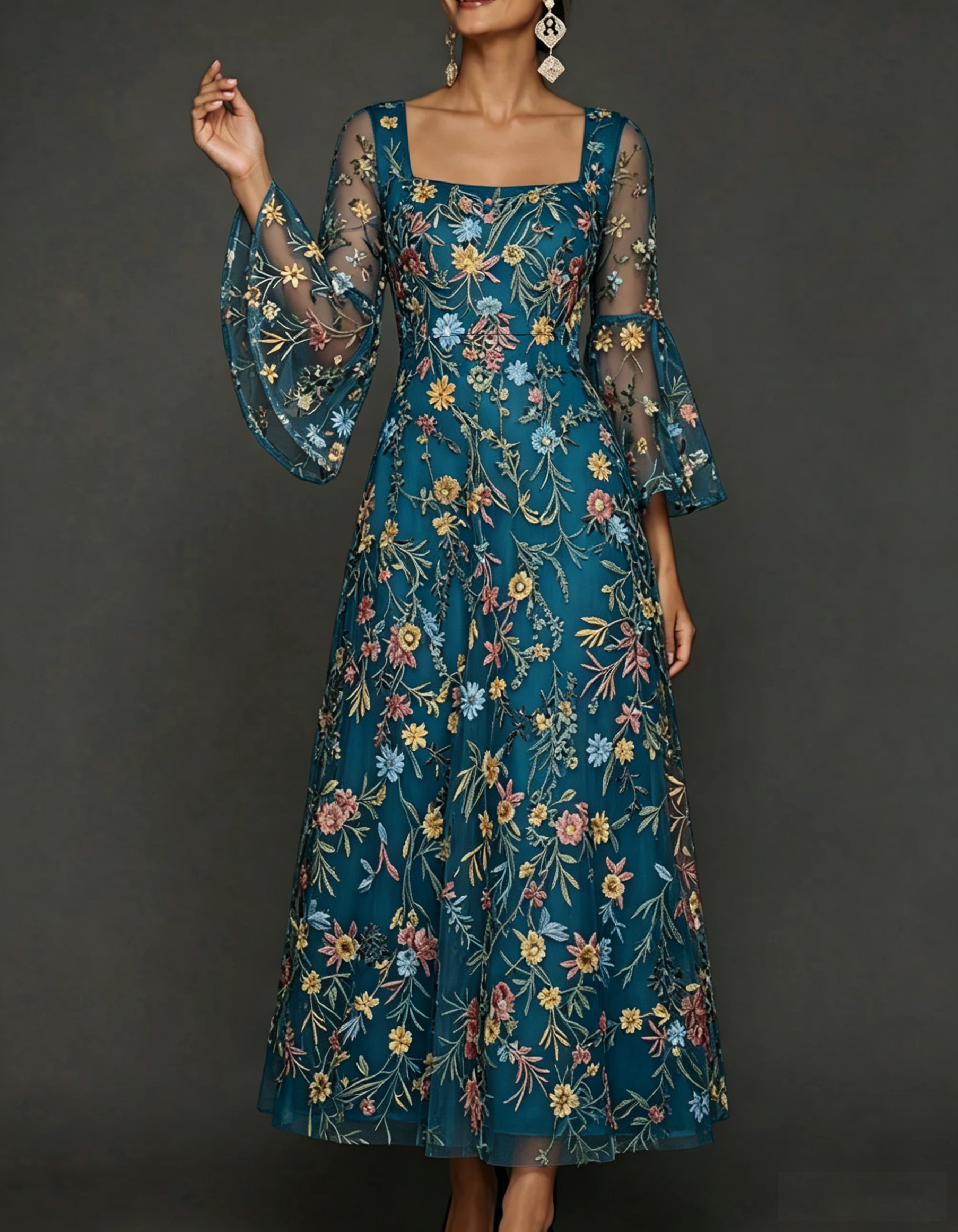 Chiffon Lace Embroidered Square Neck Fitted Waist Maxi Dress