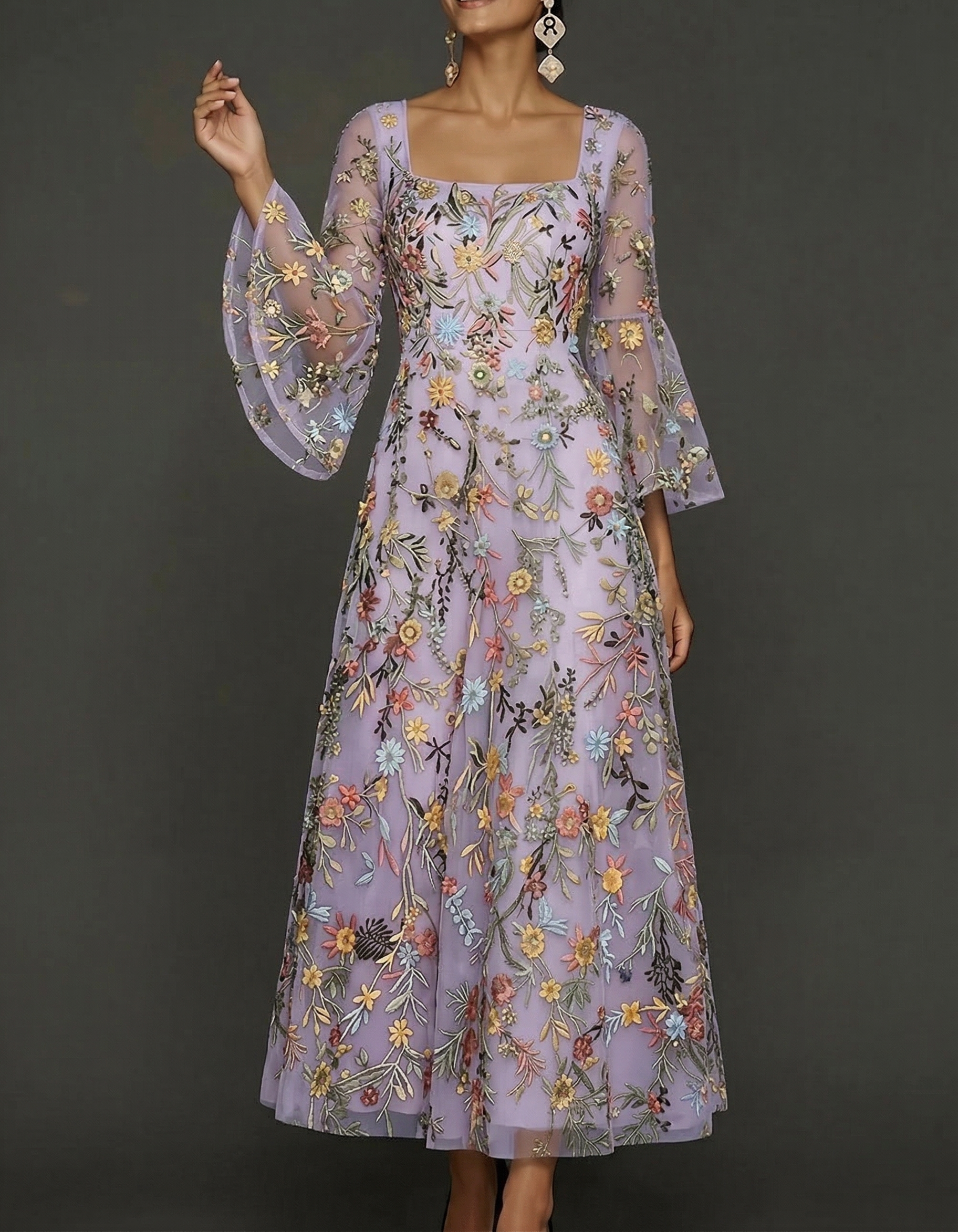 Chiffon Lace Embroidered Square Neck Fitted Waist Maxi Dress