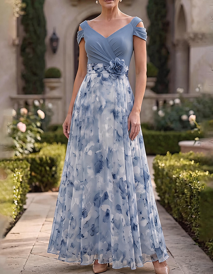 Sage Green Cold Shoulder V-Neck Watercolor Floral Chiffon A-Line Maxi Dress