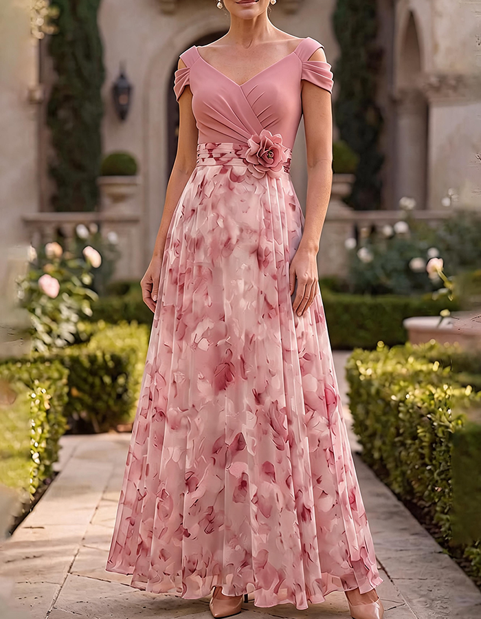 Sage Green Cold Shoulder V-Neck Watercolor Floral Chiffon A-Line Maxi Dress