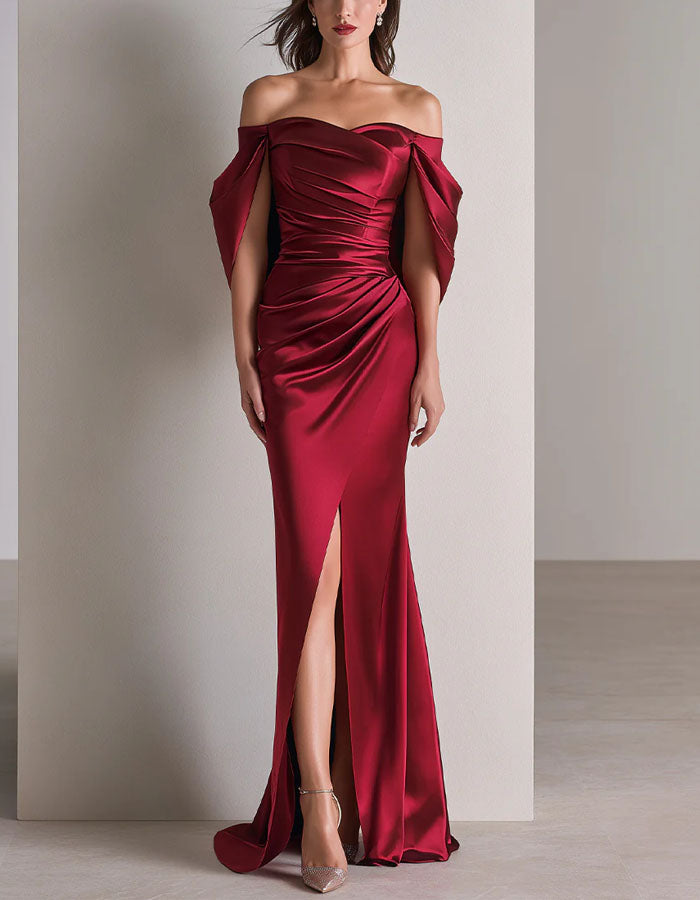 Burgundy Satin Off The Shoulder Style Maxi Dress