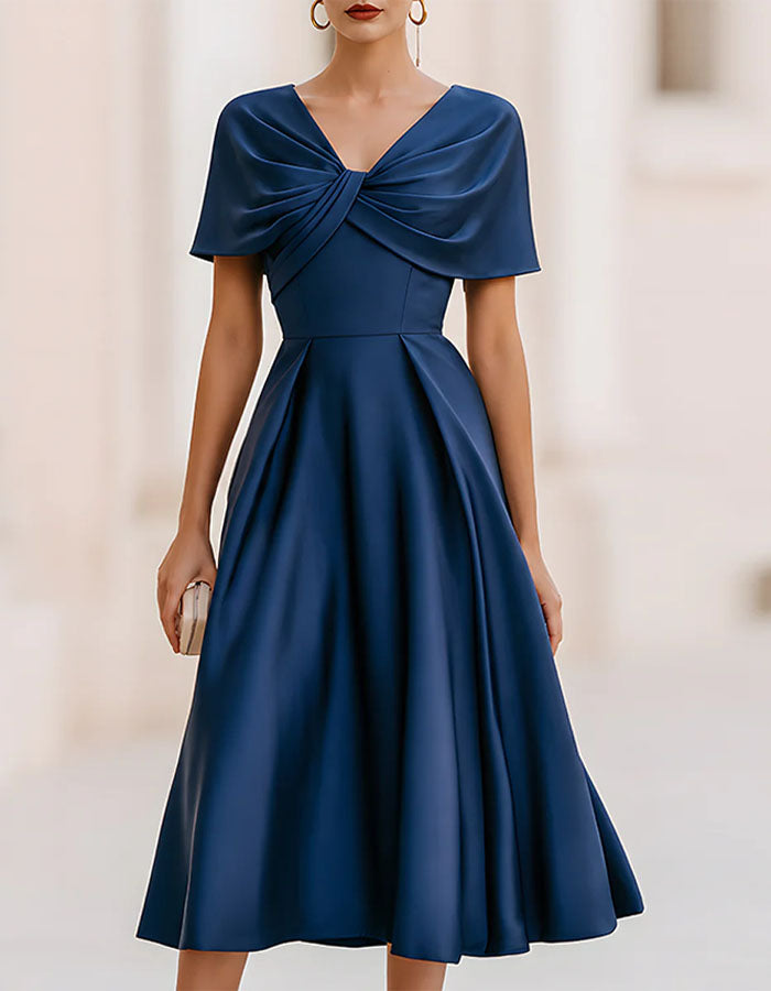 Navy Satin Front With A Twisted Detail Midi Dress