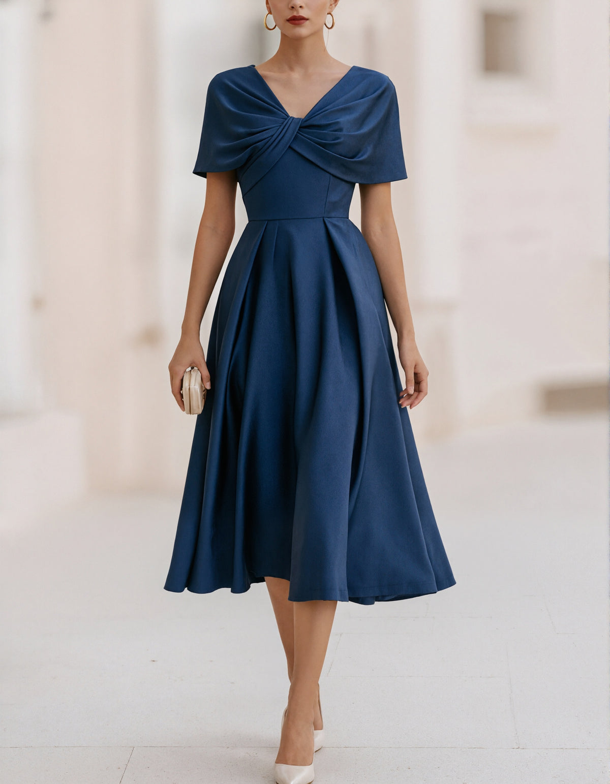 Navy Satin Front With A Twisted Detail Midi Dress
