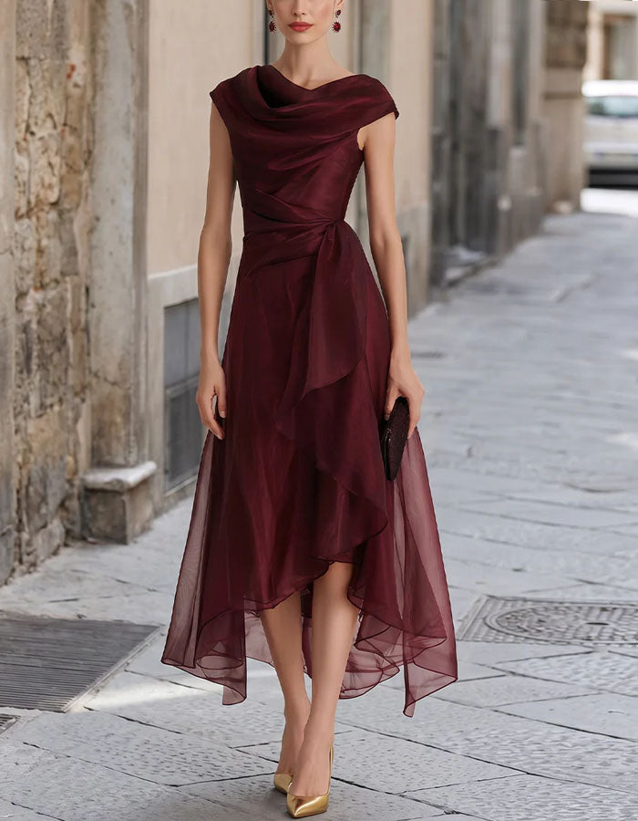 Burgundy Sleeveless Chiffon With A Layered Neckline Maxi Dress