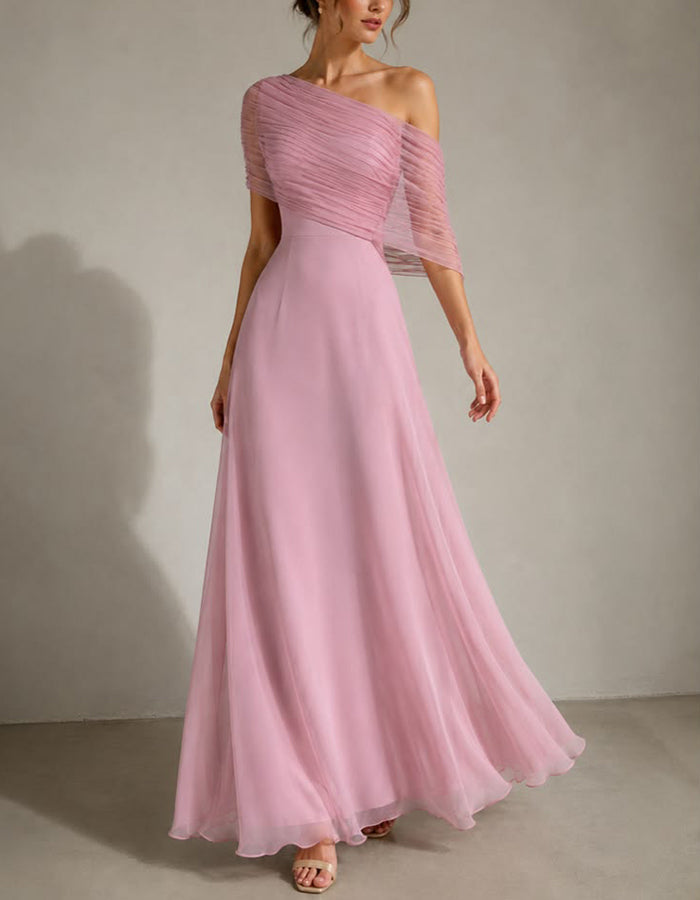 Pink Chiffon One Shoulder Pleated Design Maxi Dress