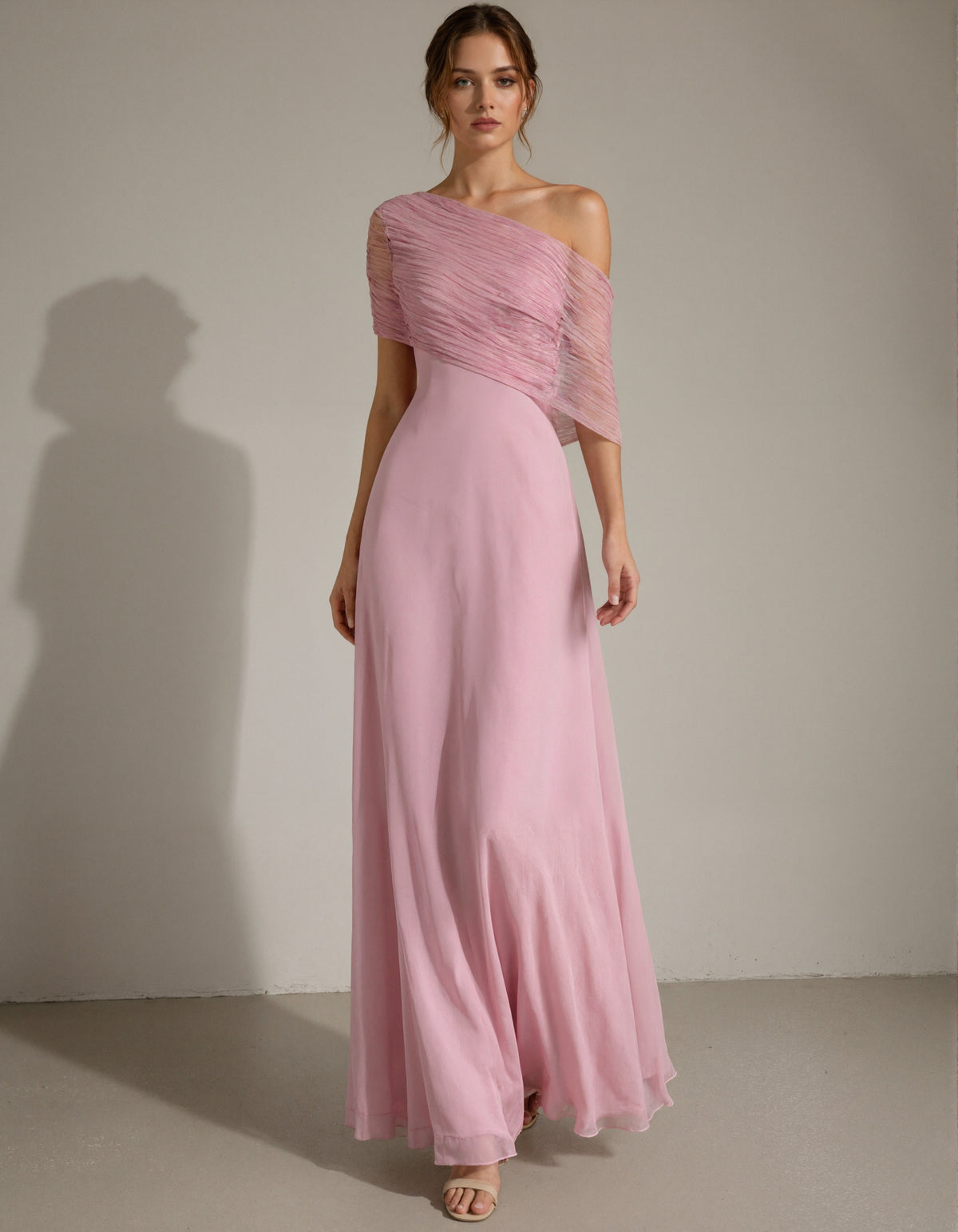 Pink Chiffon One Shoulder Pleated Design Maxi Dress