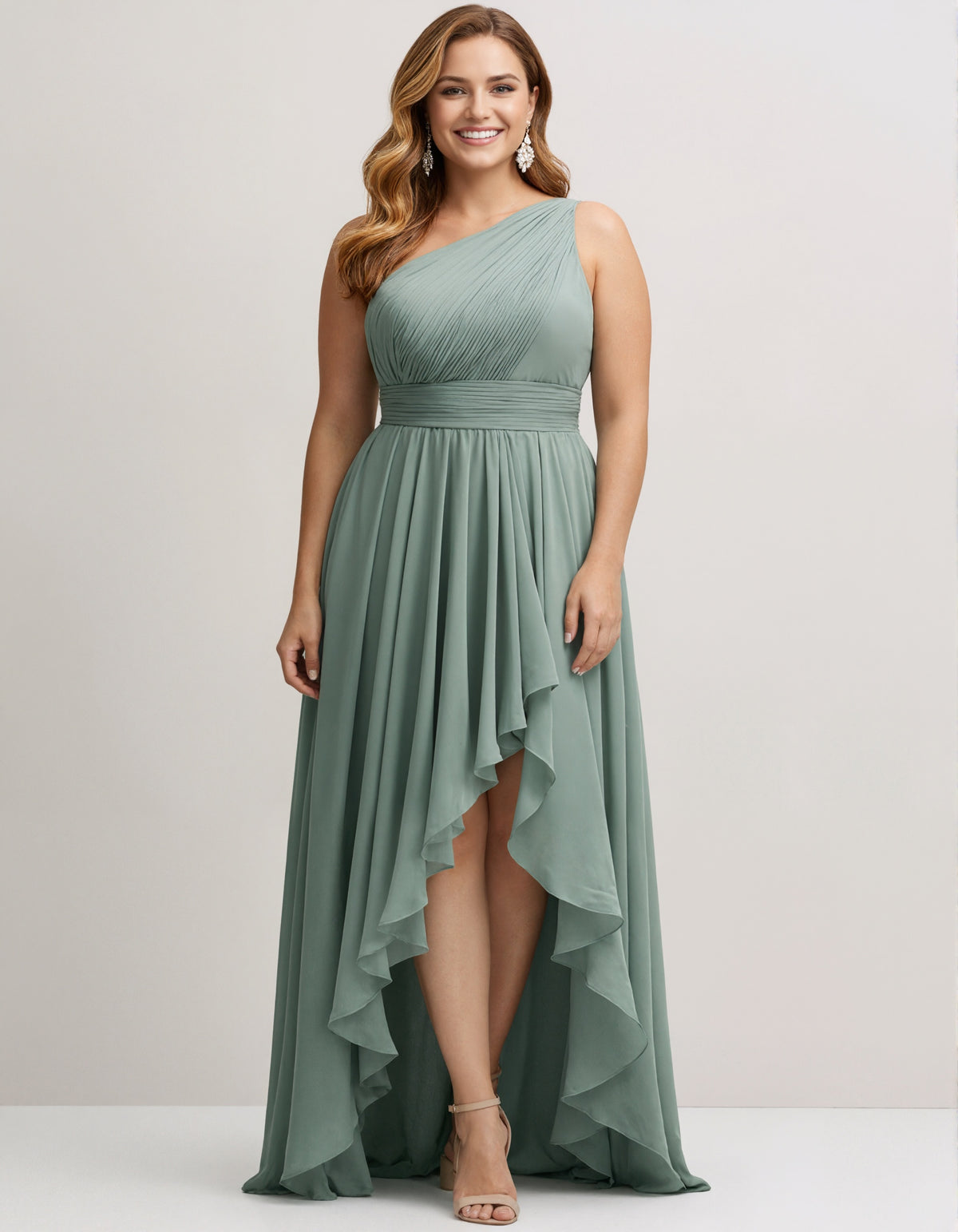 Sage Green One Shoulder Chiffon Maxi Dress