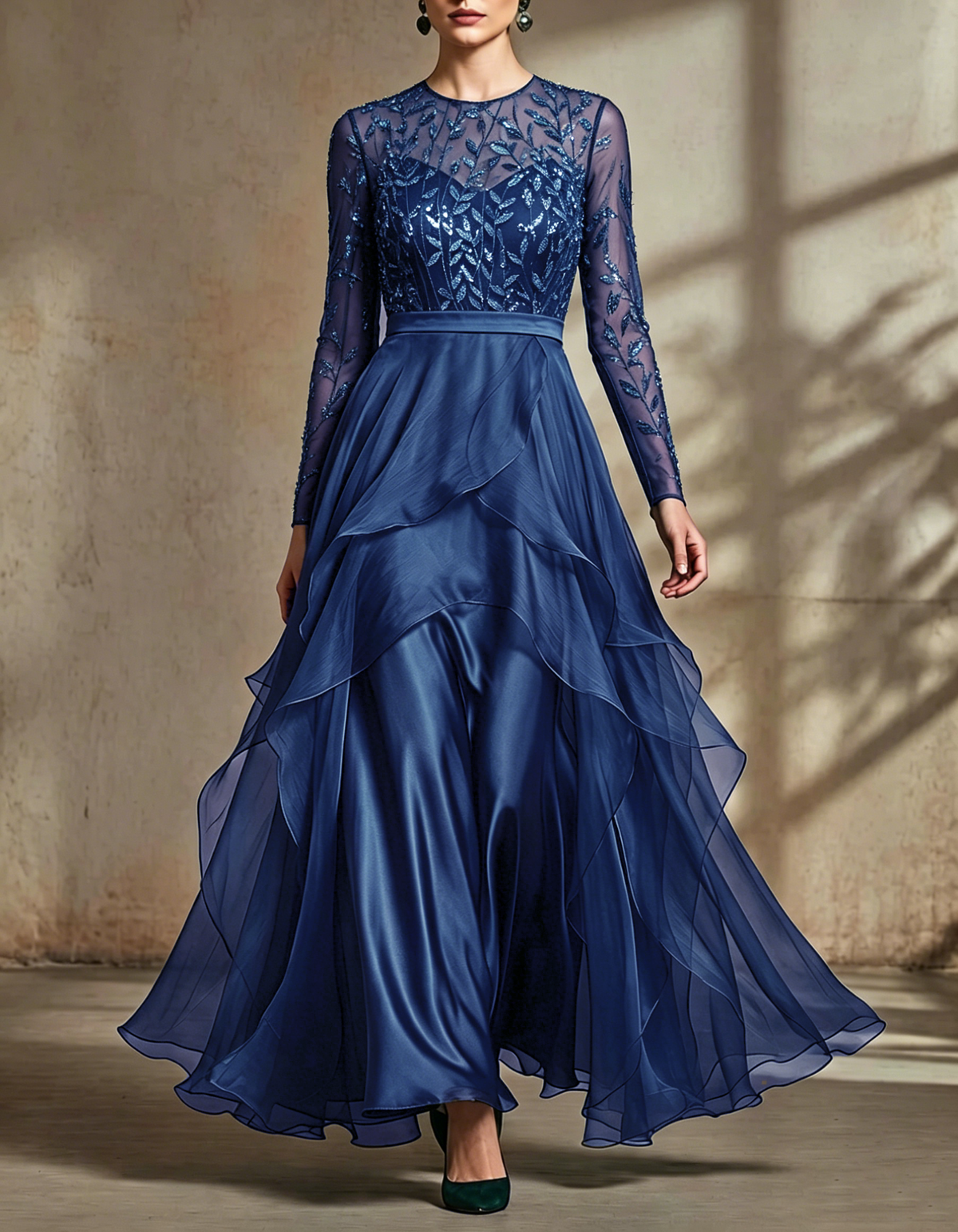 Deep Dark Blue Mesh Embroidered Sequined Satin Layered Maxi Dress