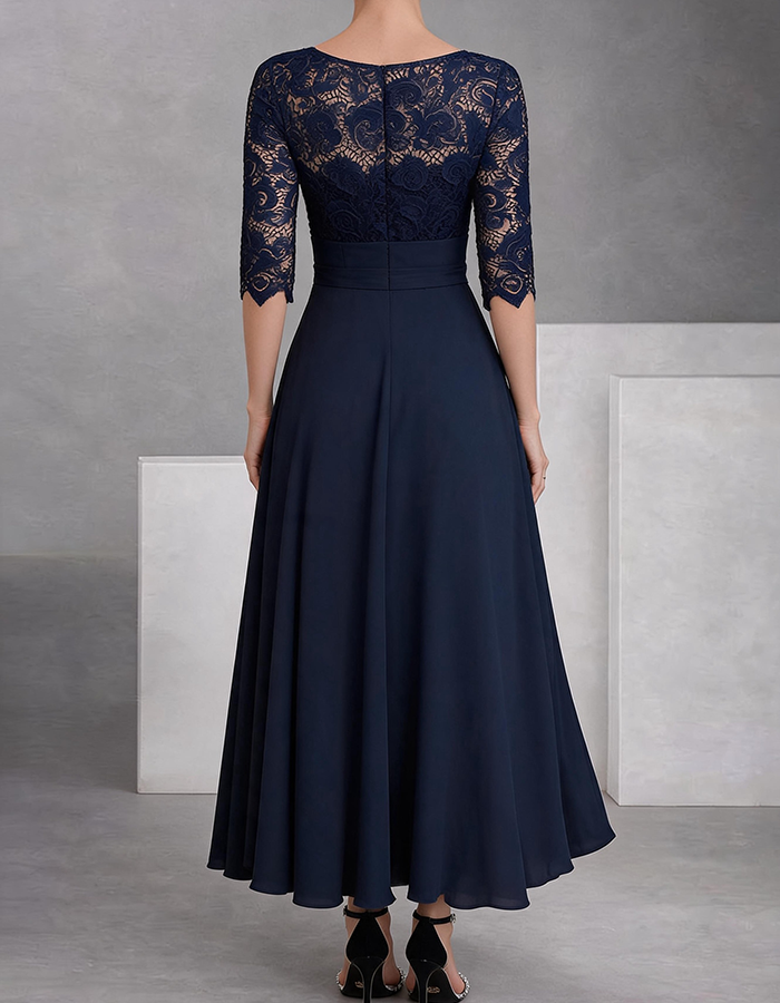 Navy Blue Round Neck Color-Block Lace Chiffon High-Low Midi Dress