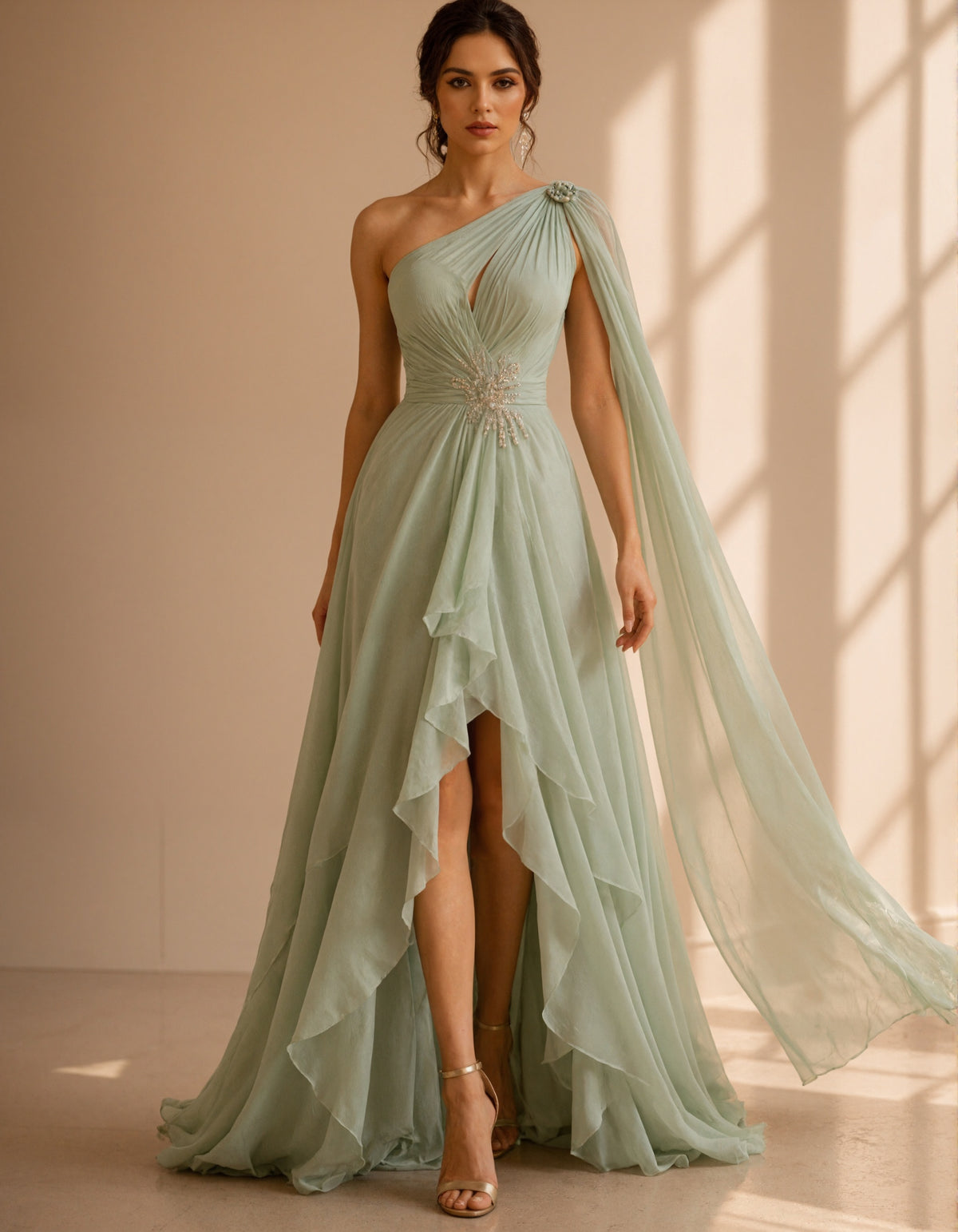 Sage Green Chiffon One Shoulder Draped Cape Sleeve Maxi Dress