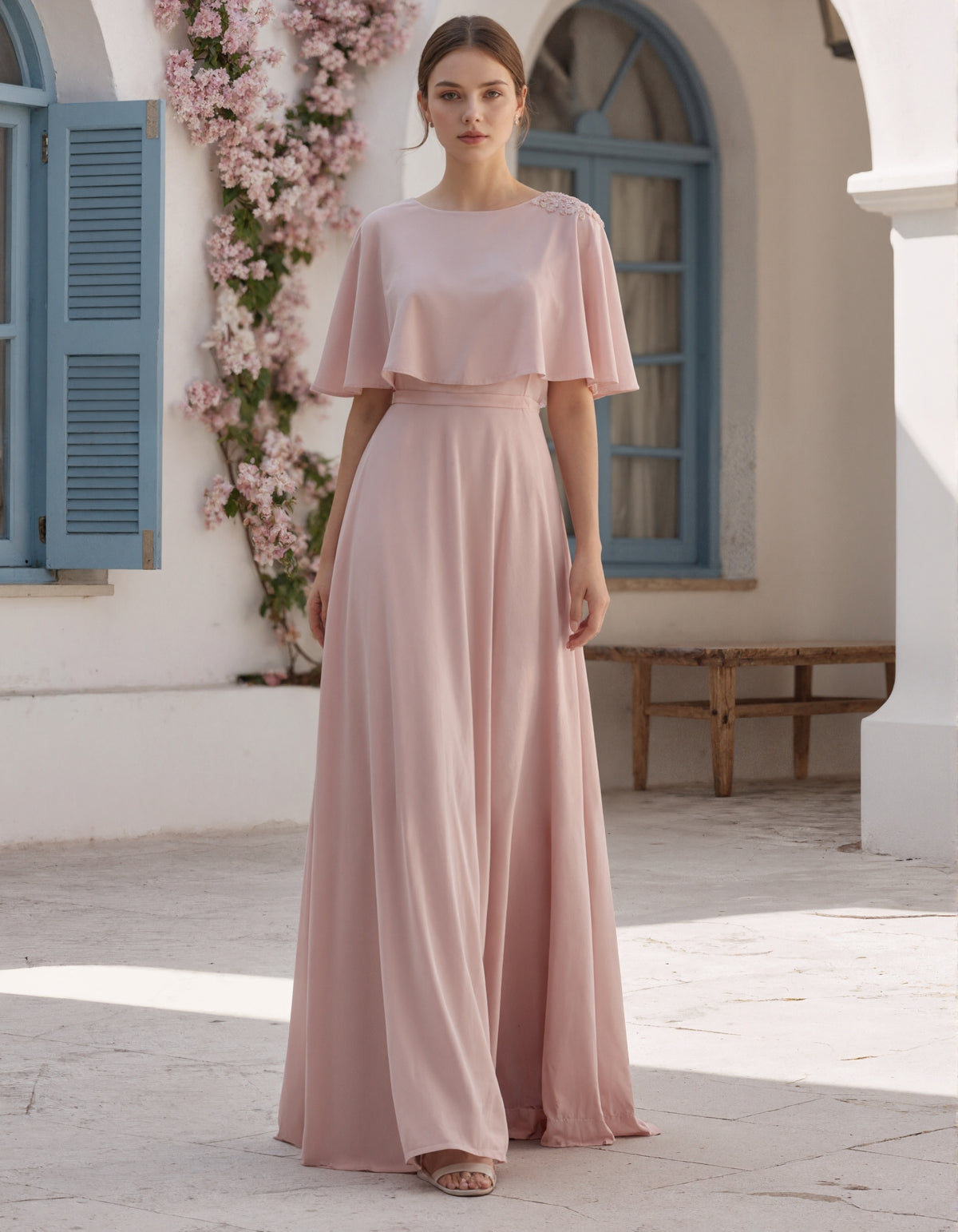 Light Pink Chiffon Short Sleeve Cape Top With A Round Neck Maxi Dress