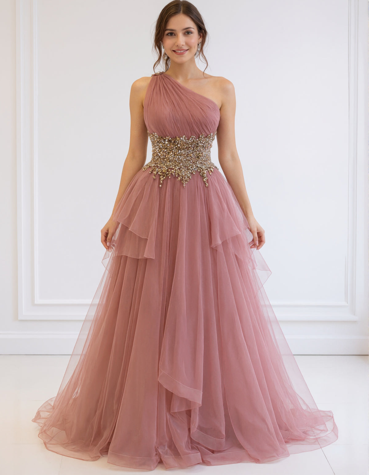 Pink Sheer Tulle One Shoulder Asymmetrical Tiered Ruffles Maxi Dress