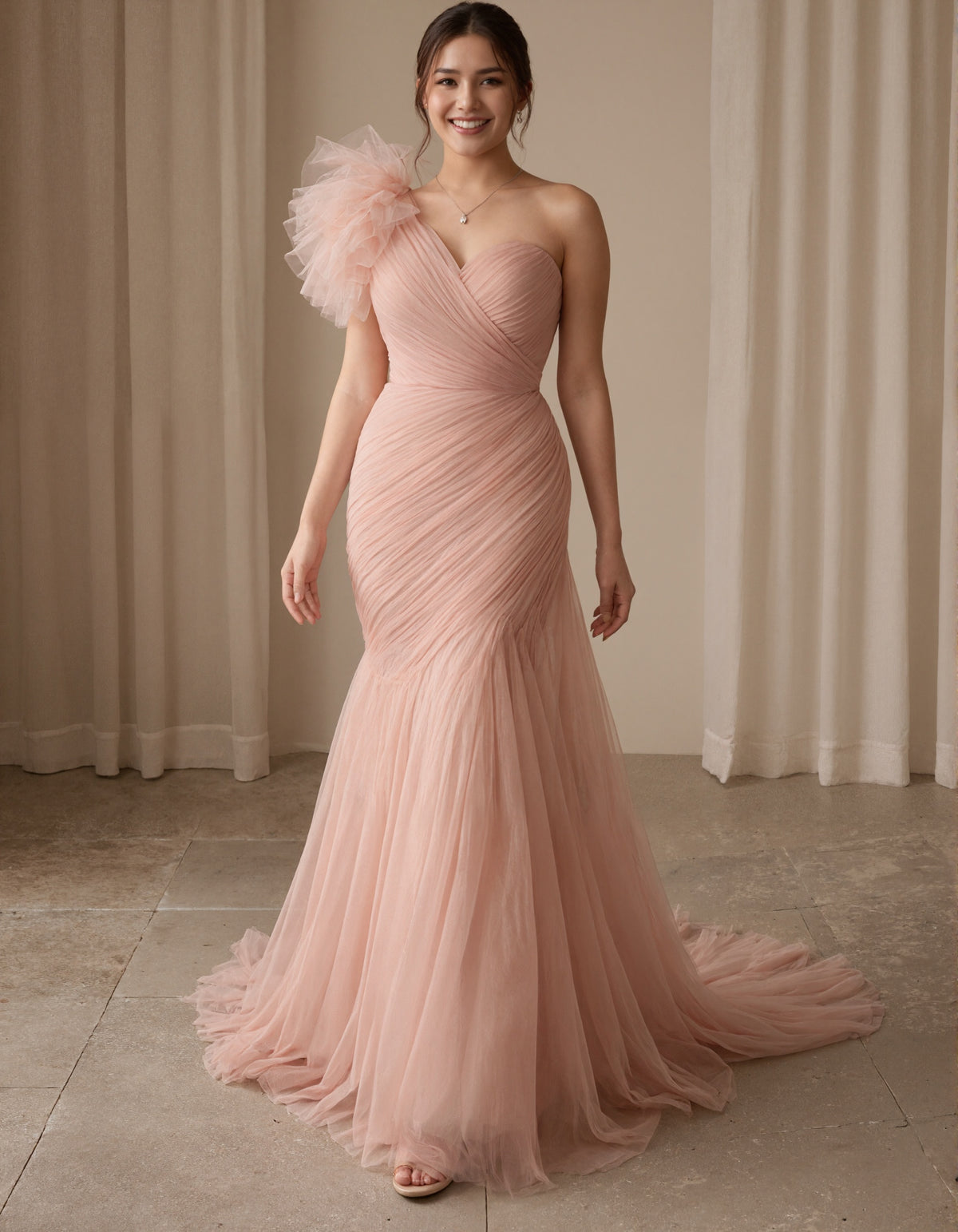 Pale Pink Tulle One Shoulder 3D Floral Design Maxi Dress