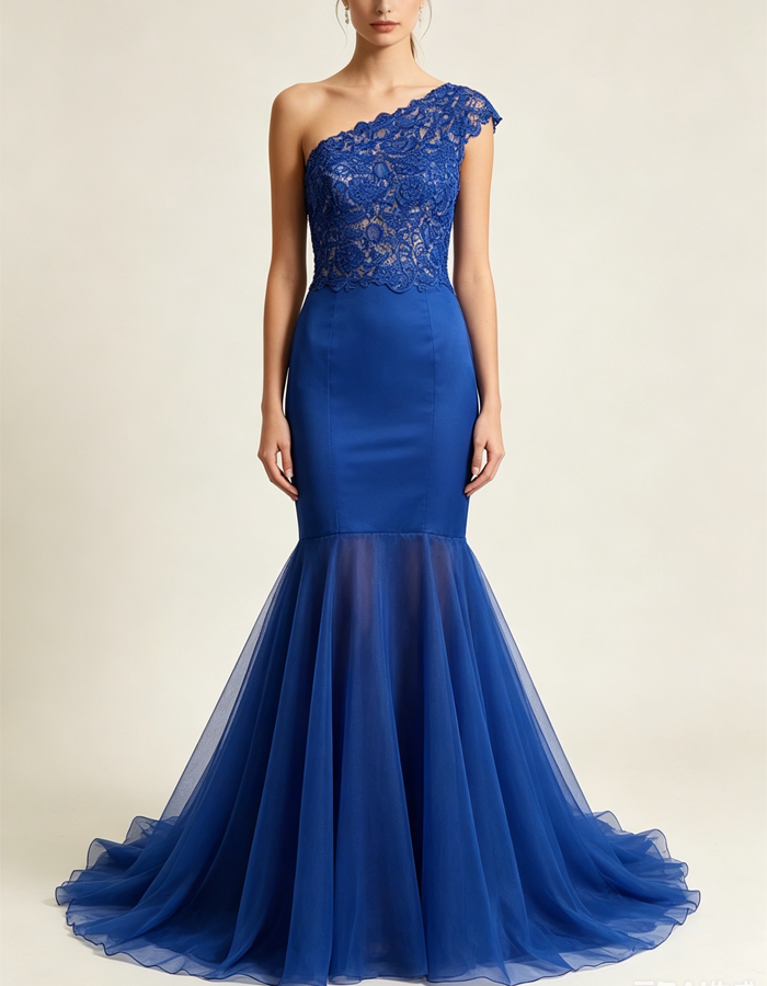 Blue One-shoulder Lace Satin Organza Maxi Dress