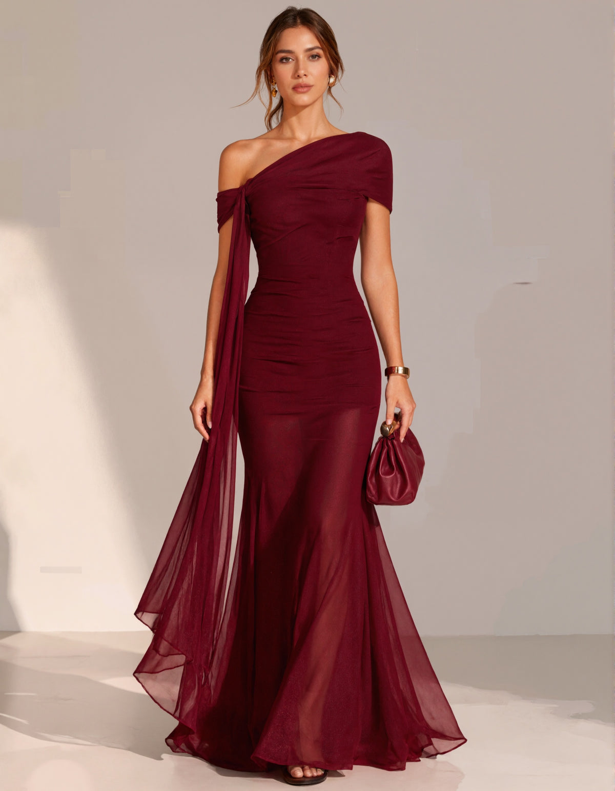 Burgundy Chiffon One Shoulder Short Sleeved Draped Maxi Dress