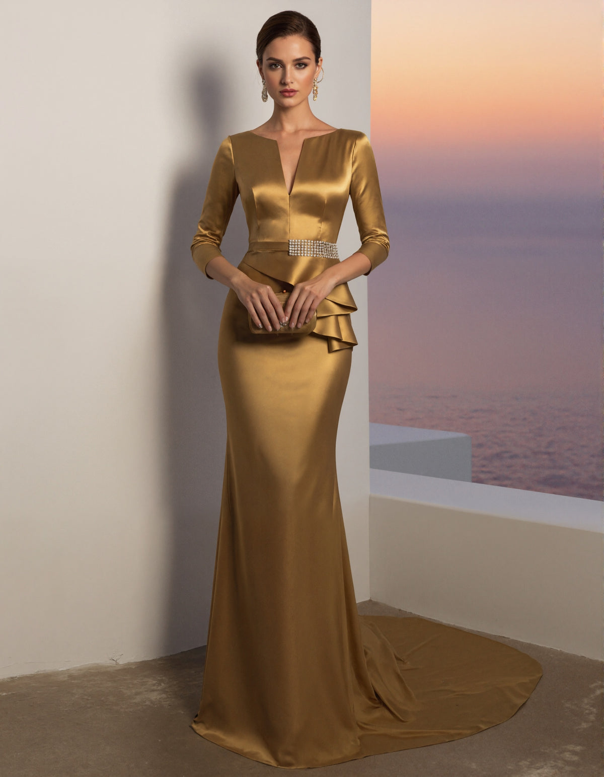 Gold Satin V-Neck Three Quarter Sleeve Maxi Dress