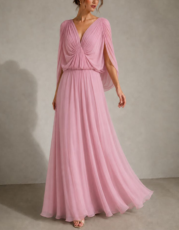 Pink Chiffon Deep V-Neck Pleated Shawl Maxi Dress