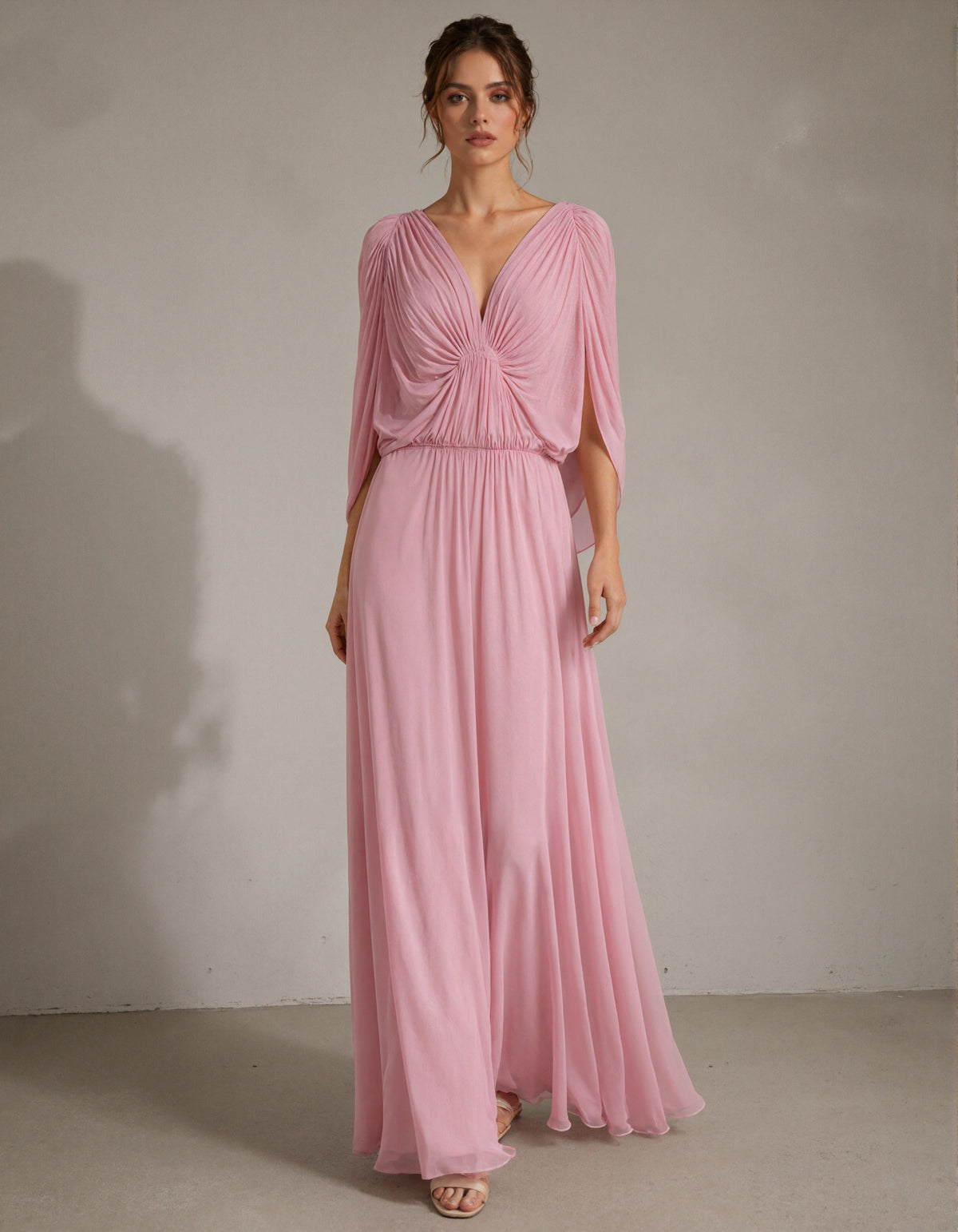 Pink Chiffon Deep V-Neck Pleated Shawl Maxi Dress
