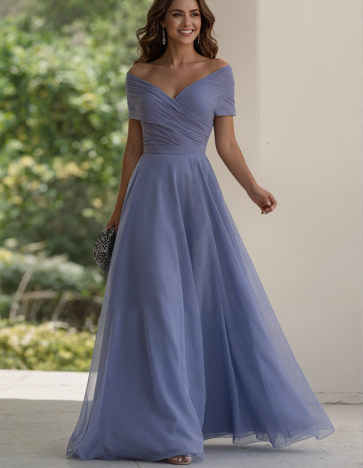 Blue Chiffon Off Shoulder Wrap Maxi Dress