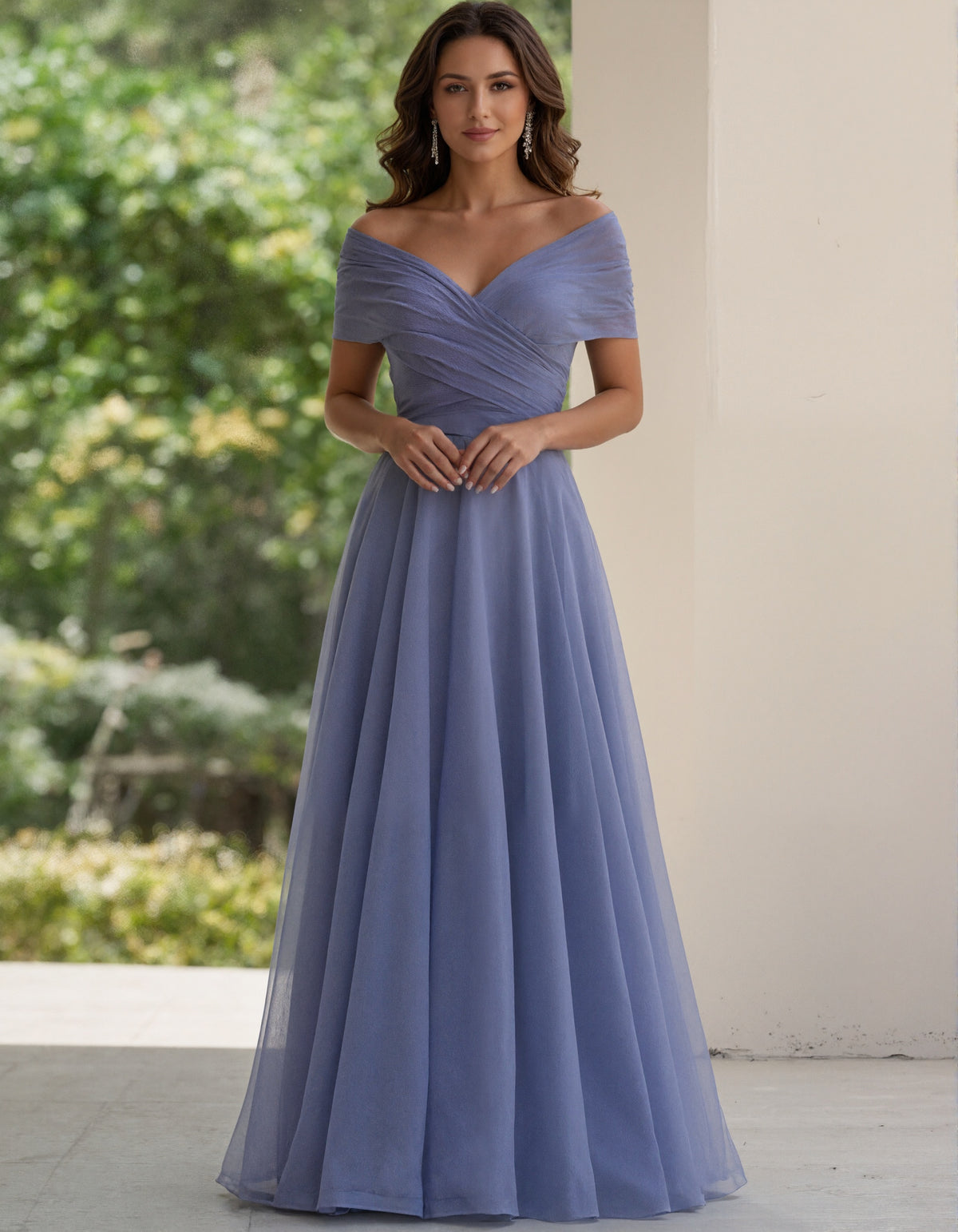 Blue Chiffon Off Shoulder Wrap Maxi Dress