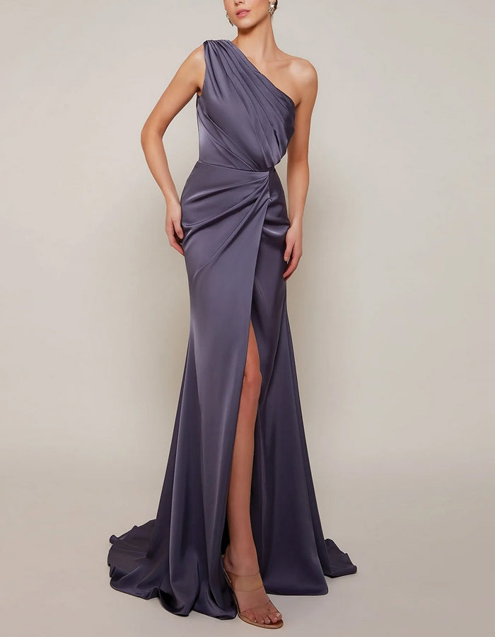 Gray Purple Satin One Shoulder Maxi Dress