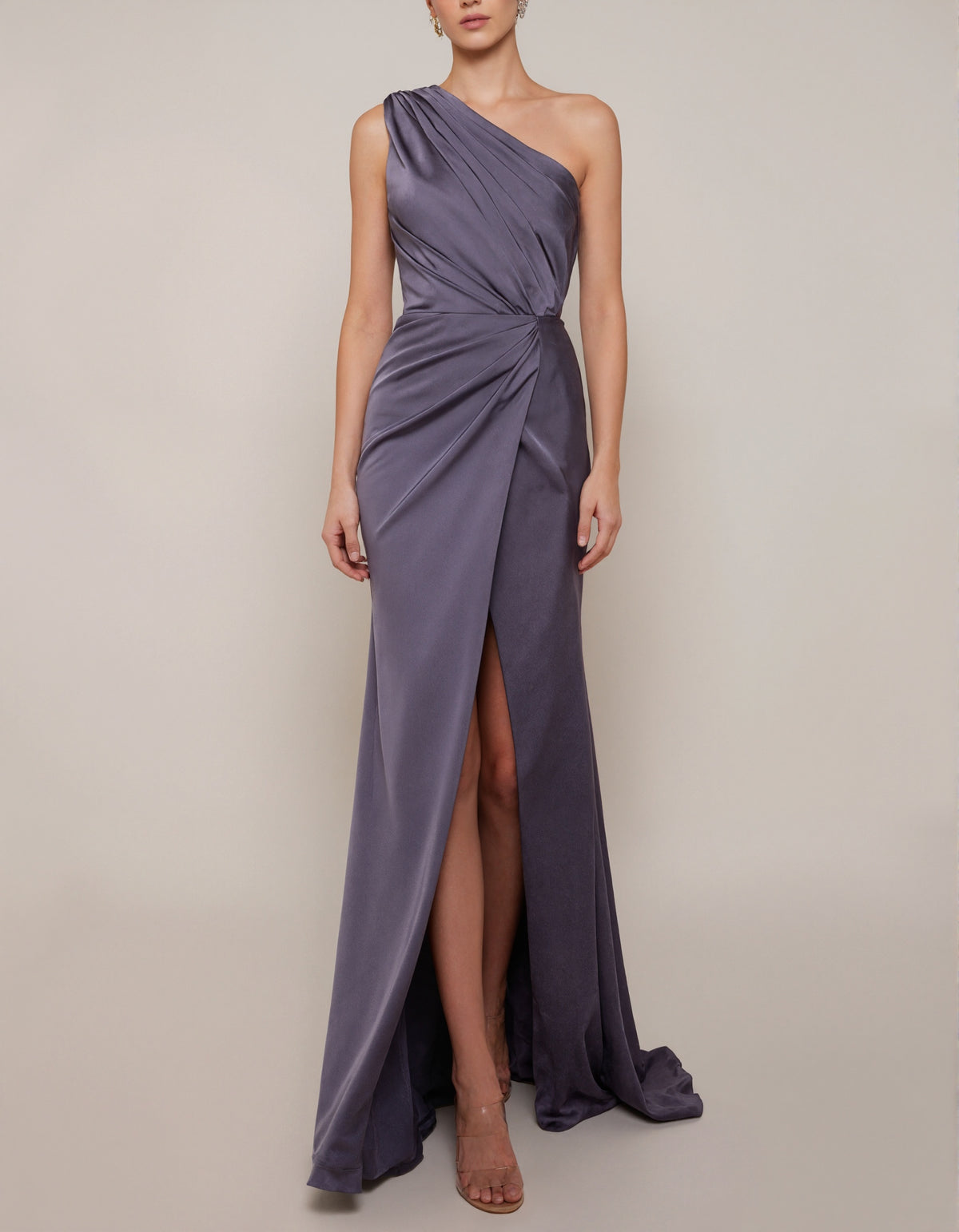 Gray Purple Satin One Shoulder Maxi Dress