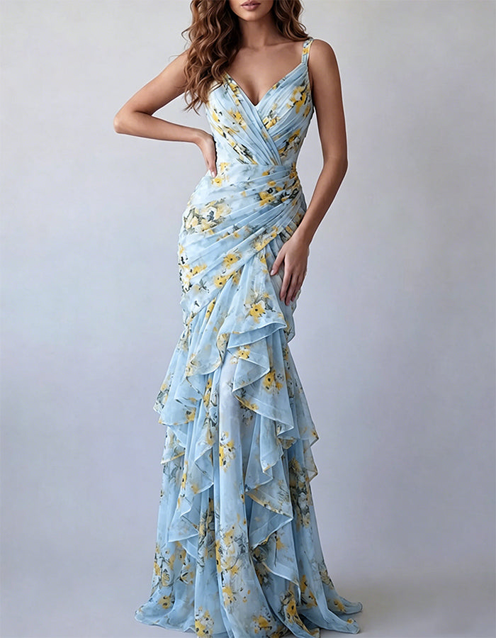 Yellow Floral V-Neck Chiffon Tiered Mermaid Maxi Dress