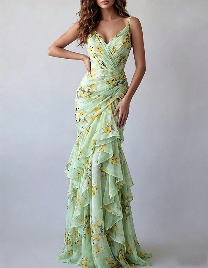 Yellow Floral V-Neck Chiffon Tiered Mermaid Maxi Dress