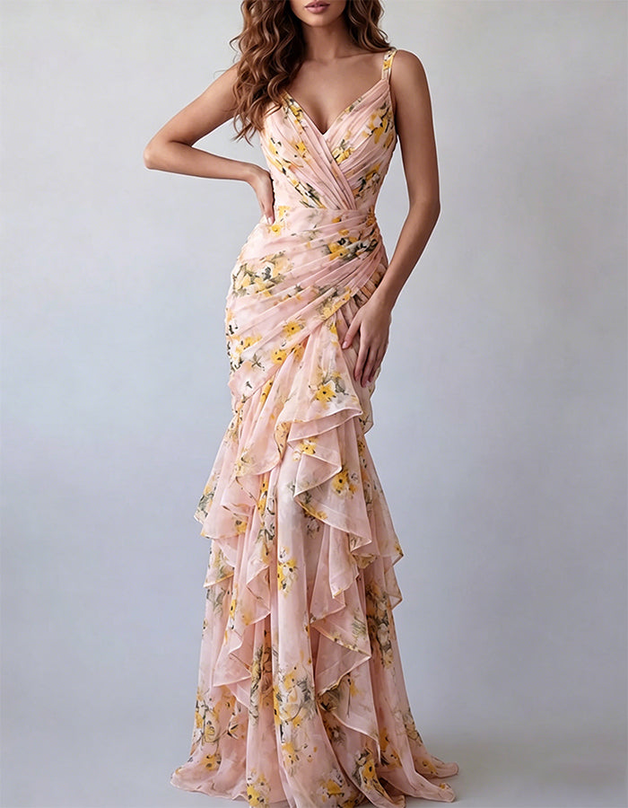 Yellow Floral V-Neck Chiffon Tiered Mermaid Maxi Dress