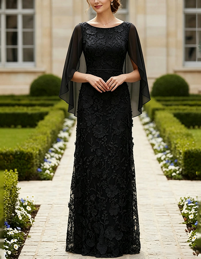 Light Blue Boat Neck Lace & Chiffon Maxi Dress