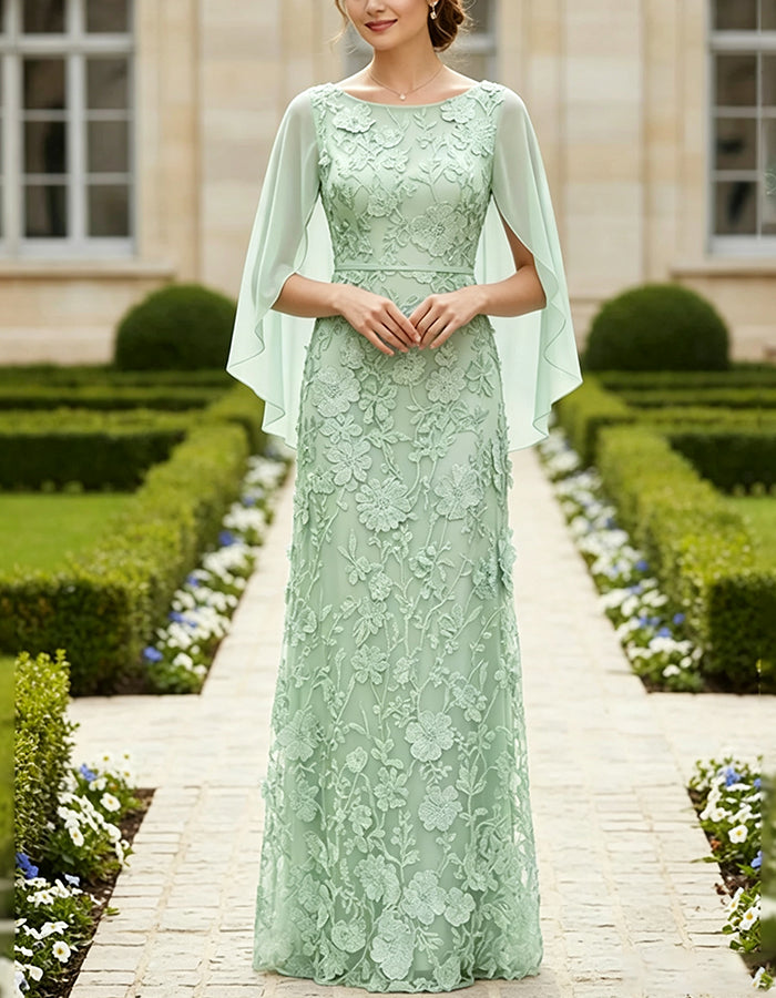 Light Blue Boat Neck Lace & Chiffon Maxi Dress