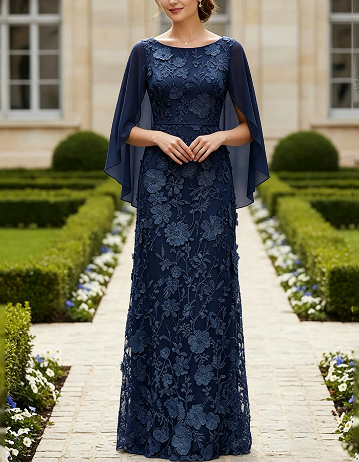 Light Blue Boat Neck Lace & Chiffon Maxi Dress