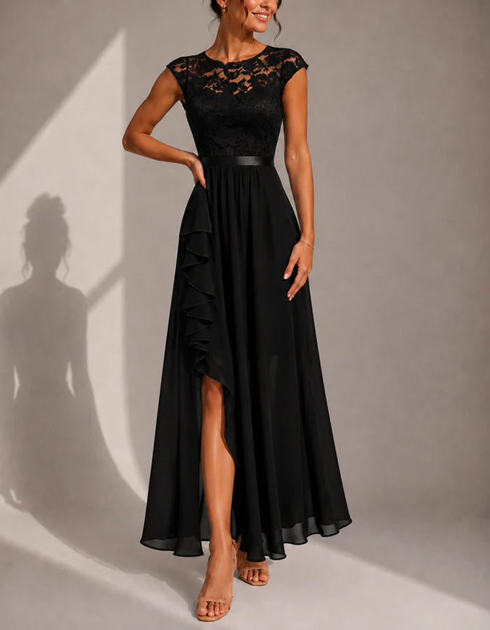 Solid Color Round Neck Chiffon Floral Lace Short Sleeved Maxi Dress