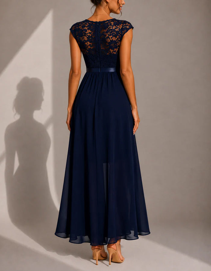 Solid Color Round Neck Chiffon Floral Lace Short Sleeved Maxi Dress