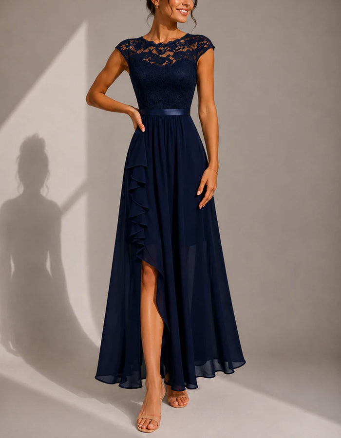 Solid Color Round Neck Chiffon Floral Lace Short Sleeved Maxi Dress