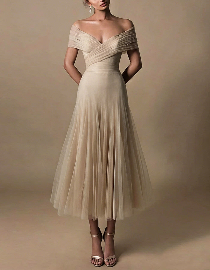 Champagne Colored Tulle Off Shoulder Pleats Maxi Dress